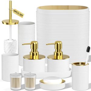 Bathroom Set, 10PC Bathroom Accessory Set, White Bathroom Accessories, White and Gold Bathroom Set with Trash Can, Soap Dispensers