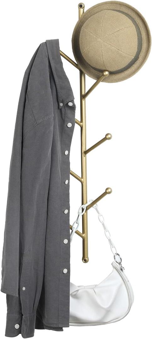 MyGift 8 Hook Wall Mounted Modern Gold Tone Metal Hat and Coat Hanger Tree, Decorative Entryway Vertical Hanging Garment Rack with Branch Style Hooks for Umbrellas Scarves Purses