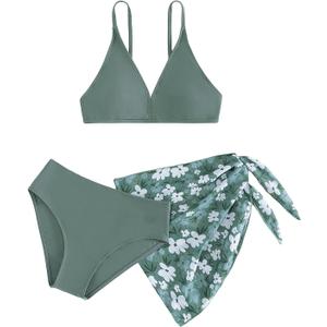 SHENHE Girl's 3 Piece Cute Ditsy Floral Print Triangle Bikini Swimsuit with Beach Cover Up