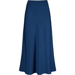 Women's Satin High Waisted Maxi Skirts Hidden Elasticized Waistband A Line Long Skirt (Medium, Navy)
