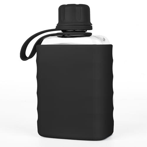 Modern Small Flask with Silicone Sleeve Mini Portable Travel Liquor Flask Clear Tritan Plastic Water Bottles, 8.2oz BPA Free Pocket Drinking Alcohol Flask for Outdoor (Black)