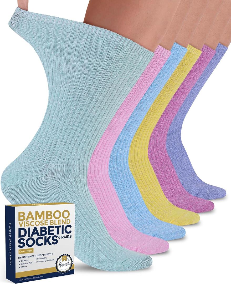 Pembrook Ribbed Knit Bamboo Viscose Diabetic Socks for Women - 6 Pairs | Crew Socks | Pink, Light Pink, Purple, Blue, Green, Yellow | Neuropathy Socks | Diabetic Socks for Women Size 9-11