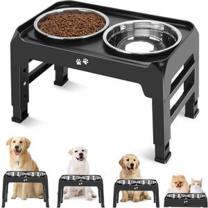 Elevated Dog Bowls, 4 Height Adjustable Raised Bowl Stand with 2 Thick 50oz Stainless Steel Food Feeder Bowls Non-Slip for Medium Large Dogs Adjusts to 3.7", 9.2", 10.75", 12.36" Black (8" for Medium Dogs)