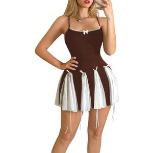 Verdusa Women's Y2K Bow Tie Criss Cross Backless Mini Dress Colorblock Lace Cami Dress (Medium, Coffee Brown)