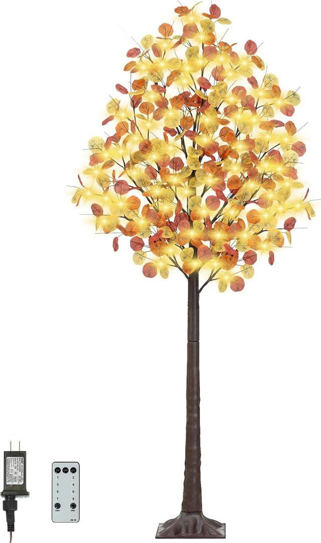 Fall Lighted Eucalyptus Tree - 5FT Light Up Eucalyptus Fall Tree with 90 LED Lights, 270 Leaves, Thanksgiving Decor Artificial Tree with Remote 8 Flashing Modes, Timing, for Home Harvest Decoration