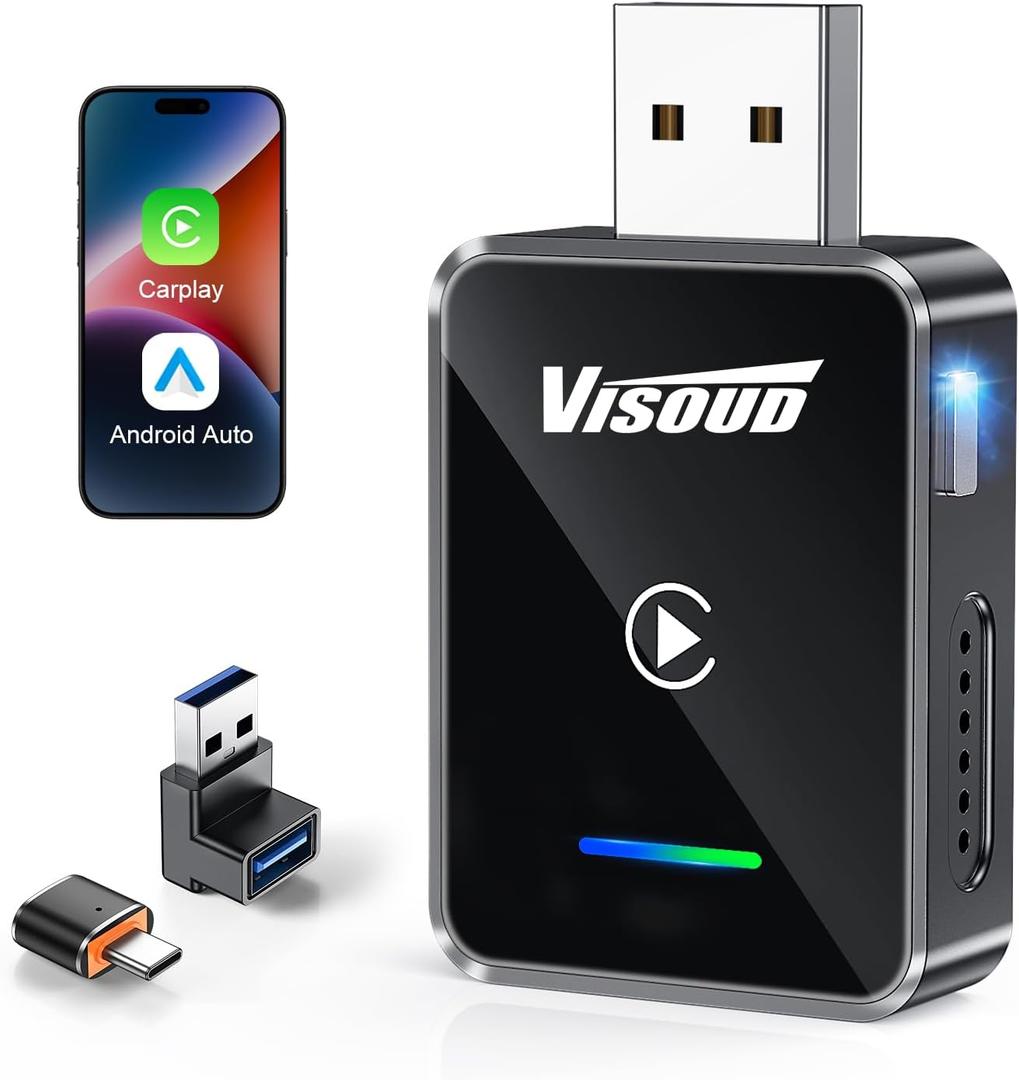 Visoud 2026 Upgraded Android Auto & Carplay Wireless Adapter for iPhone, One Click Switching, Bluetooth 6 & 5.8GHz WiFi, Real Plug & Play, USB-A/ C for 2016+ Cars.