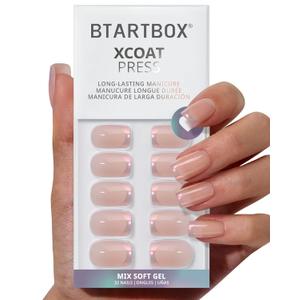 BTArtbox Press On Nails Short - Muted Glitz, Lamp-Curable Nude Chrome French Tip Square Press On Nails with Glue and Adhesive Tabs for Women in 16 Sizes - 32 Nails All-in-One Kit