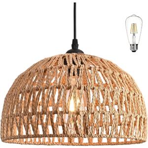 Hemp Rope Woven Pendant Light Woven Light Fixture Boho Chandelier Light Fixture Wicker Pendant Lights Rattan Lights Pendant Dome Wicker Chandelier for Dining Room Kitchen Island(Bulb Incl. (12.2" Natural)