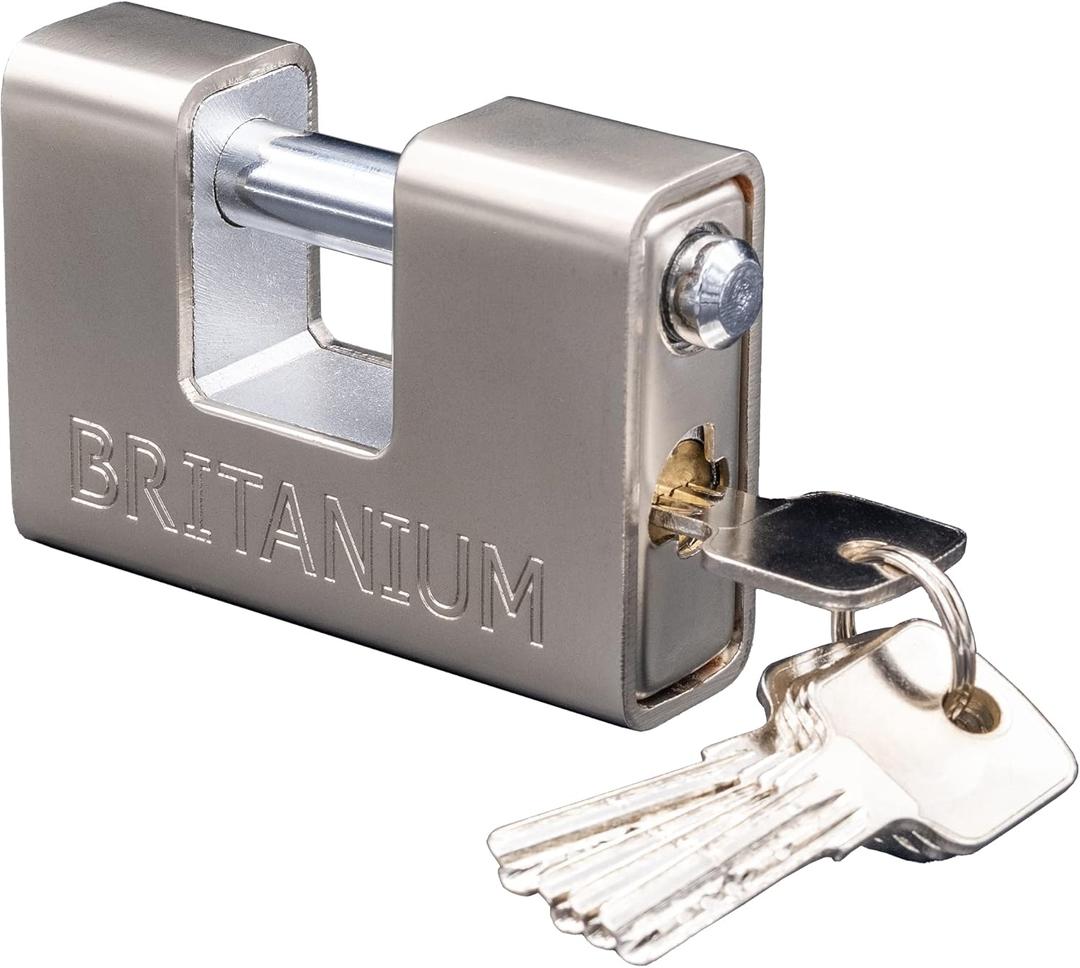 Britanium® BRP84 [Armoured] High Security Padlock - [Anti Drill Cylinder] - Heavy Duty Lock for Storage Unit with 0.67” Shackle Clearance, Motorbike, Shed & Garage Silver