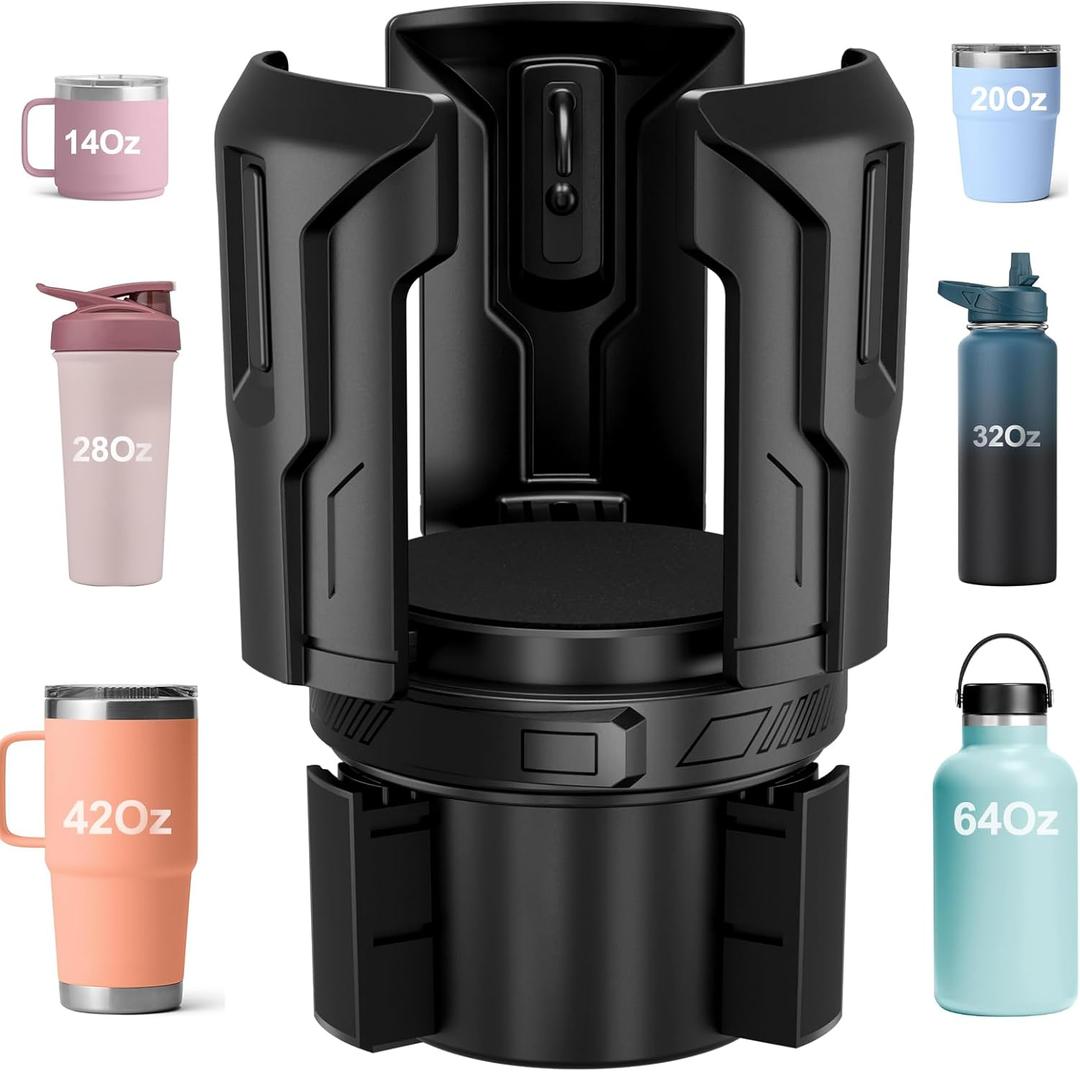 Cup Holder Expander (Adjustable Holder & Base, Auto-Fit Hold, One Button Open), Car Cup Holder Expander for Yeti, Hydro Flask, Nalgene, Owala, Bottles in 2.6"- 4.8" (2 Pack, Black)