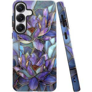 Case for Samsung Galaxy S25,Purple Lotus Floral Phone Case Drop Resistant Glossy 2 in 1 Solid Dual-Layer Cover for Girl Women