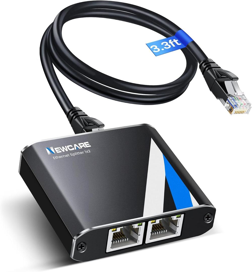 Gigabit Ethernet Splitter 1 to 2 High Speed 1000Mbps with 3.3ft LAN Cable, NEWCARE 1 in 2 Out Dual RJ45 Port Internet Splitter for Cat5/5e/6/7/8, Plug and Play, 2 Devices Simultaneously Networking