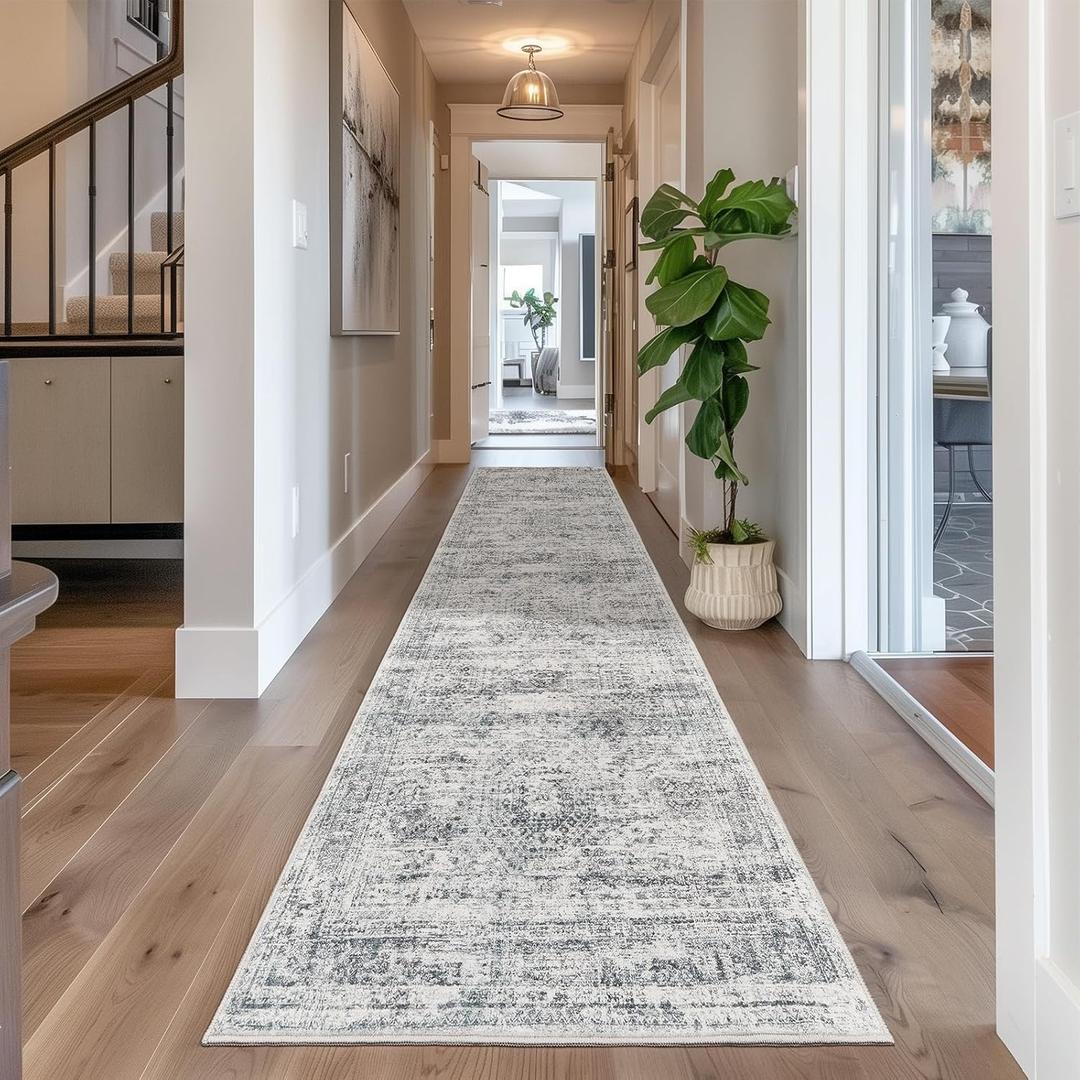Long Hallway Runner Rug - Runners for Hallway 12ft, Anti Slip Backing Washable Rug for Bathroom, Entrance, Living Room, Soft Low Pile Mordern Runner(2'x12', Grey/Ivory)