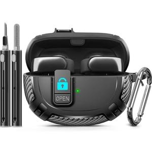 Ljusmicker for Bose Ultra Open Earbuds Case Cover 2024 with Cleaner Kit,Military Hard Cover with Lock for Bose Open Ear Earbuds Charging Case Accessories with Keychain for Men Women-Black