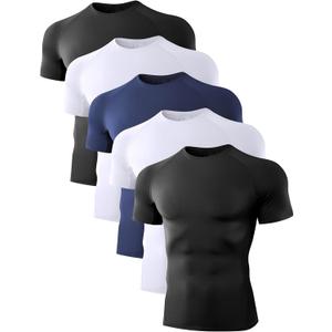 Dalavch 5 Pack Mens Compression Shirts Short Sleeve Cool Dry Sports Athletic Workout Base Layer Undershirt T-Shirt Tops (X-Large, 2 Black 2 White 1 Blue)