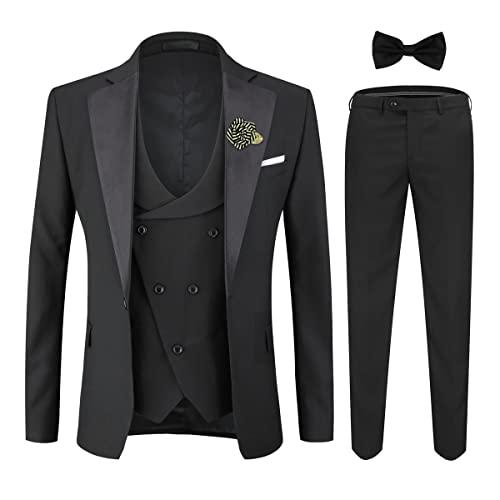 YFFUSHI Men's Slim Fit 3 Piece Suit One Button Blazer Vest Pants Wedding Prom Party Suits Set Black S