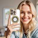 Magnetic case for iPhone 16 with Full Camera Lens Protection(Compatible with MagSafe),Military Shockproof Slim Electroplate Bumper Clear Cover Built-in Invisible Ring Stand,Gold