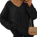 Trendy Queen Oversized Long Sleeve V Neck Cable Knit Sweaters (Medium, Black)