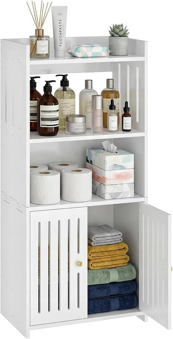 HAYOFAMY Bathroom Storage Cabinet, 4-Tier White Floor Cabinet Freestanding Organizer with Door for Living Room Kitchen Small Space (8.7" D x 14.2" W x 29.5" H)