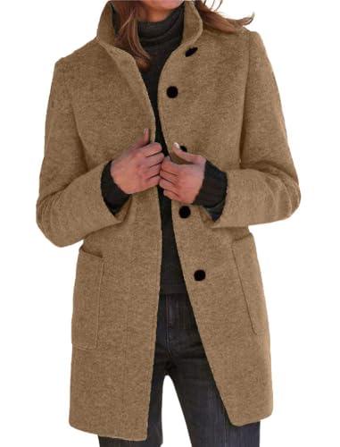 CHARTOU Women Winter Long Pea Coat Wool Blend Stand Collar Single Breast Thicken Blazer Jacket (X-Large, Camel)