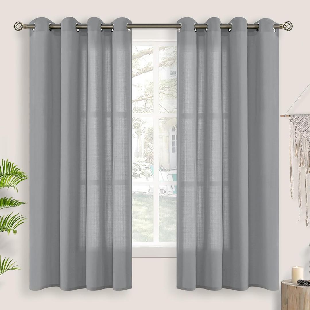 BGment Grey Sheer 63 Inch Curtains 2 Panel Set, Natural Linen Grommet Light Filtering Casual Textured Privacy Semi Sheer Opaque Curtains for Living Room/Bedroom (Each 52 x 63 Inch, Grey)