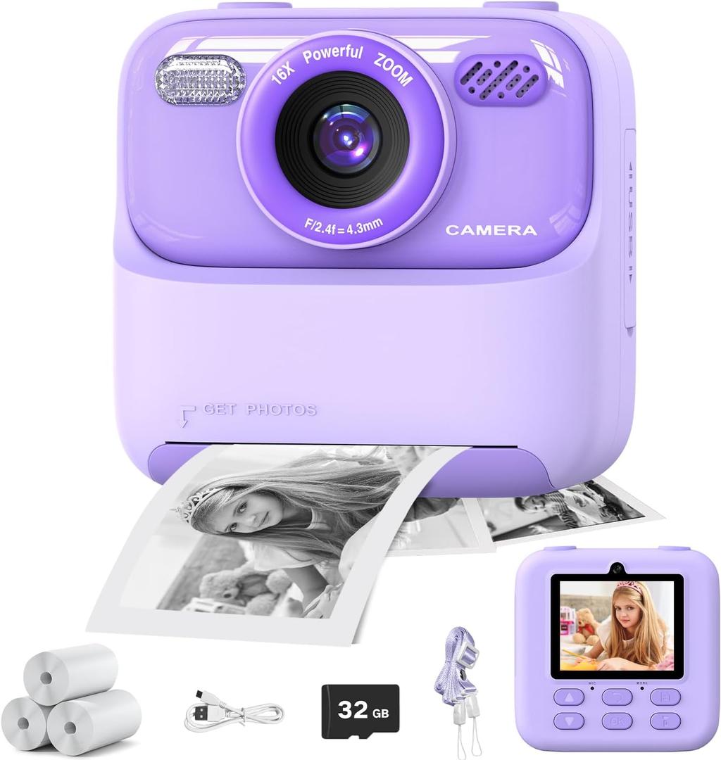 masterbee Kid Camera Instant Print Photo, Birthday Gifts for Girls and Boys, Kids Digital Camera Toys, 1080P HD Video, 3 4 5 6 7 8 9 10 11 12 Year Old Boy Gifts/Girl Gifts (Purple)