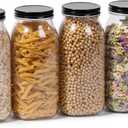 Novelinks 64 oz Large Plastic Jars with Metal Lids - 4 Pack BPA-Free Clear Storage Containers for Pantry, Pickles, Sauces, Flour, Snacks - Leak-Proof Airtight Food Grade Jars for Kitchen (Black)