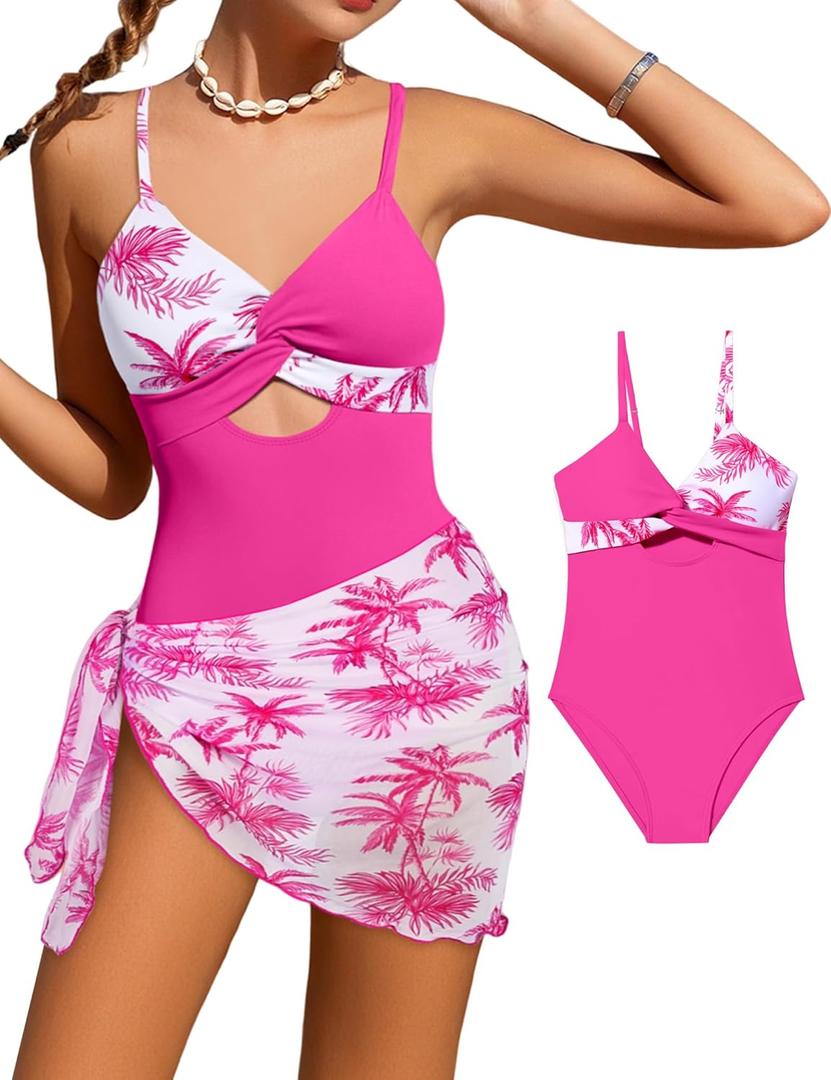 Girls'Swimwear One Piece Kids Swimsuits for Girls Tropical Twist Cross Bathing Suits with Cover Up Skirt (13-14 Years)