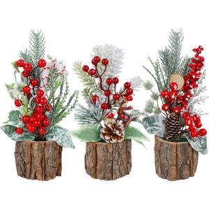 winemana 3 Pack Mini Christmas Trees Table Decorations, 11.5 Inch Small Artificial Xmas Tree Centerpieces with Red Berries & Pine Cones for Home, Office, Tabletop, Indoor Holiday Party Decor