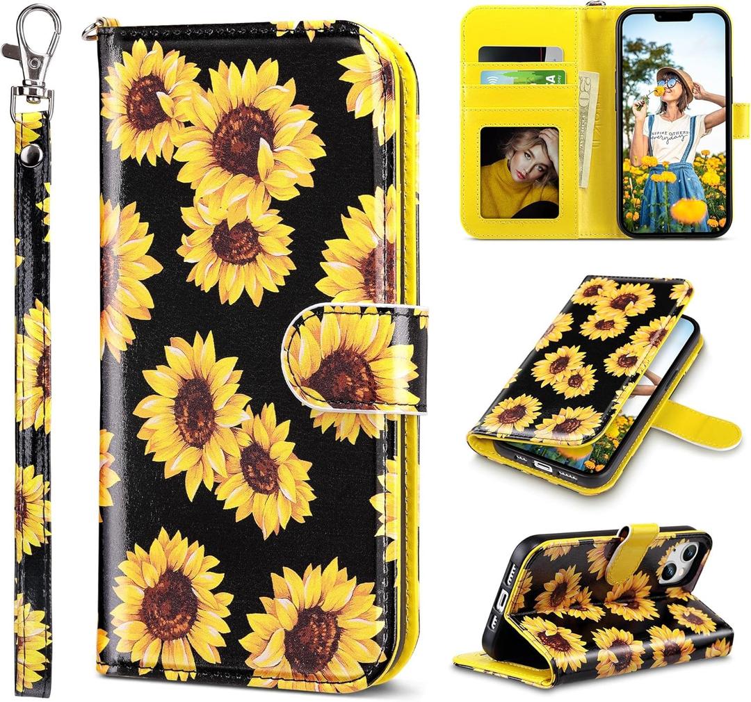 ULAK Compatible with iPhone 13 Wallet Case for Women, Premium PU Leather Flip Cover with Card Holder and Kickstand Feature Protective Phone Case Designed for iPhone 13 6.1 Inch (Sunflower)