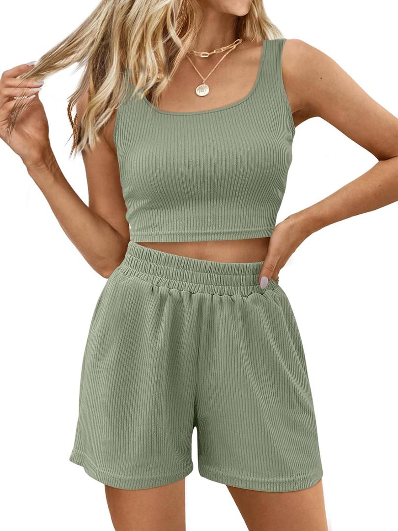 Trendy Queen Two Piece Summer Outfits 2 Piece Sets 2025 Sleeveless Matching Lounge Crop Top High Waisted Short (X-Large, Green)
