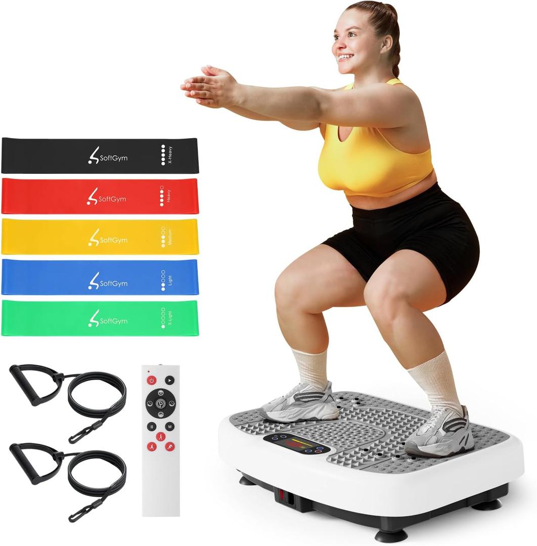 SoftGym Vibration Plate Exercise Machine for Lymphatic Drainage,Power Vibrate Stand Shake Board 450 Lbs Capacity Whole Body Workout Waver with Fitness Resistance Bands Weight Loss Gifts for Women Men