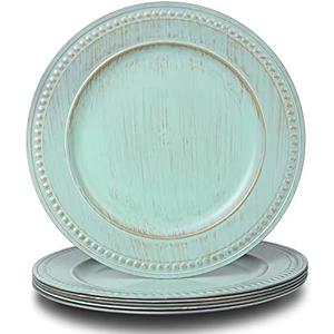 13" Vintage Charger Plates, Turquoise Beaded Chargers for Dinner Plates Set of 6, Reusable Decorative Charger Plate Set Bulk Wedding, Suitable for Easter, Anniversaries, Valentine's Day, Baby Shower