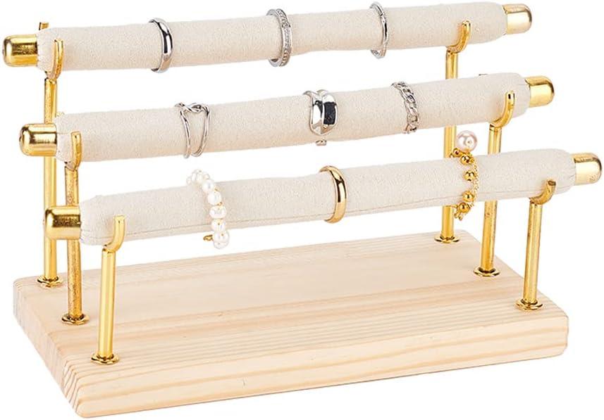 FINGERINSPIRE 3-Tier Rings Display Holder Detachable Beige Velvet Finger Ring Display Risers with Iron Bars and Wood Base Jewelry Ring Display Stand Ring Organizer for Home, Retail, Photography Prop