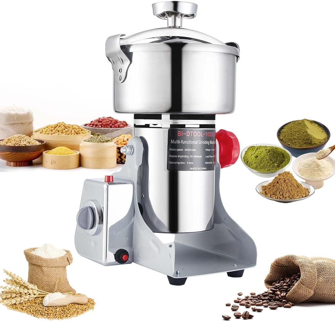 BI-DTOOL Electric Grain Mill Grinder 2800W Dry Material Grinding Machine 1000g Stainless Steel Pulverizer 36000r/min High-speed Grain Mill 270 swingable Superfine powder for Home and Commercial 1000g