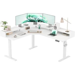 Agilestic L Shaped Standing Desk, Adjustable Height Corner Gaming Desk with Shelf, Sit Stand Up Desk, 63 x 55 Inch Home Office Computer Table, White