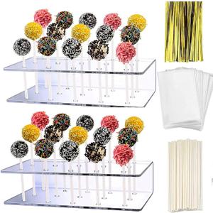 2 PCS Acrylic Lollipop Stand Display Holder 100PCS Lollipop Sticks 100PCS Clear Treats Bags and 100PCS Gold Metallic Twist Ties for Candy Cake Pop Making Tools