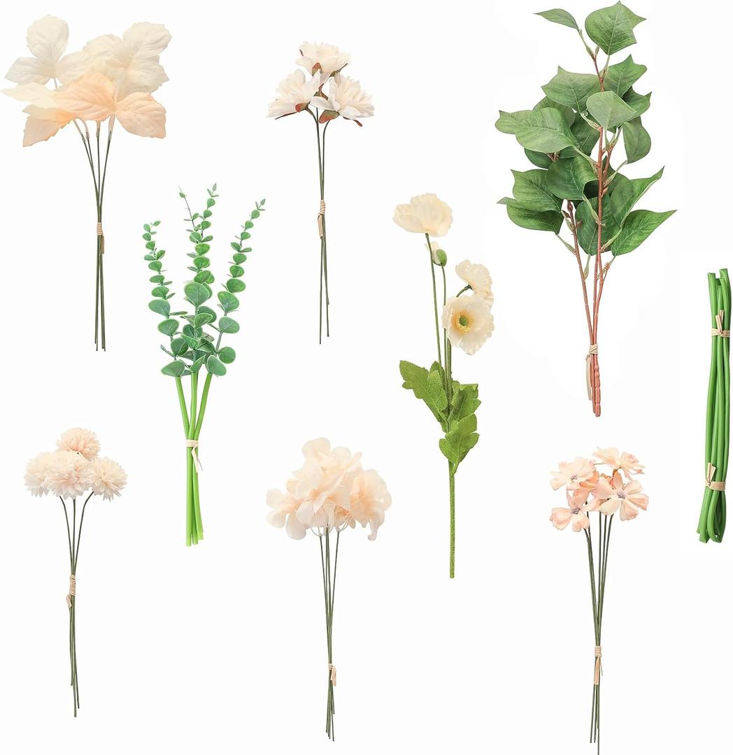 Floroom Artificial Greenery Stems Box Set, 22pcs with 8 Kinds of Faux Greenery Flowers Picks for DIY Bridal Bouquets Wedding Floral Arrangement Table Centerpieces, Green & Cream