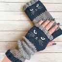 Womens Knitted Fingerless Gloves with Cat Embroidery,Thick Warm Winter Gloves,Essential for winter travel (Navy Blue)