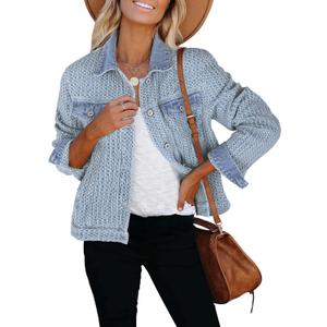 luvamia Jean Jacket Women Trendy Texture Distressed Button Down Long Sleeves Casual Trucker Denim Jackets with Pockets (Blue), S