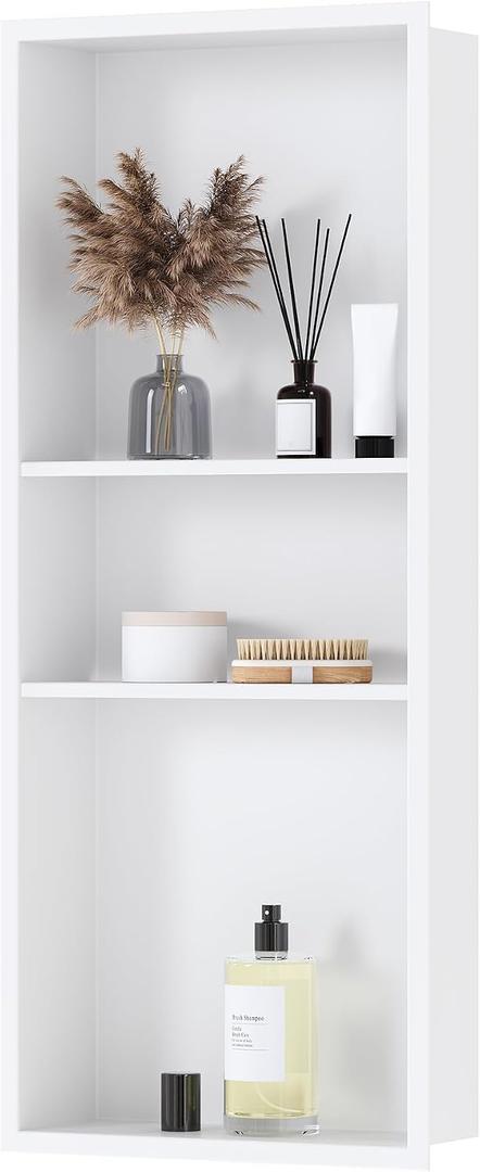 Qeke Stainless Steel Shower Niche 12" X 30", No Tile Needed Wall Niche Three-Tier, Recessed Shower Shelf for Bathroom Storage, Matte White