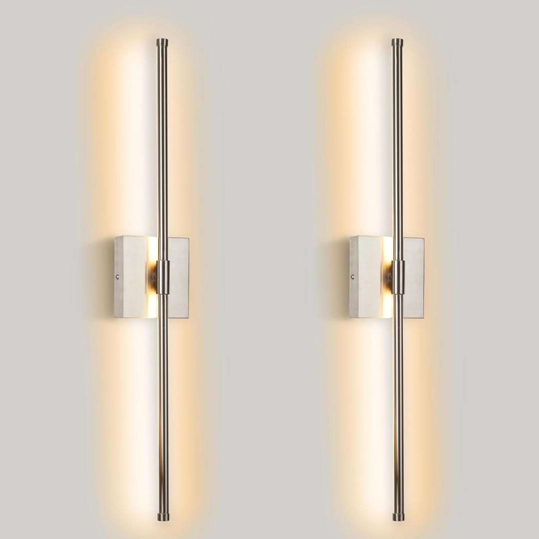 Modern LED Wall Sconces Set of Two, Hardwired Wall Sconces, 3000K Warm Light Wall Lamp, Wireless Nickel Wall Light Fixtures for Living Room, Bathroom, Bedroom, Nickel, 2 Pack