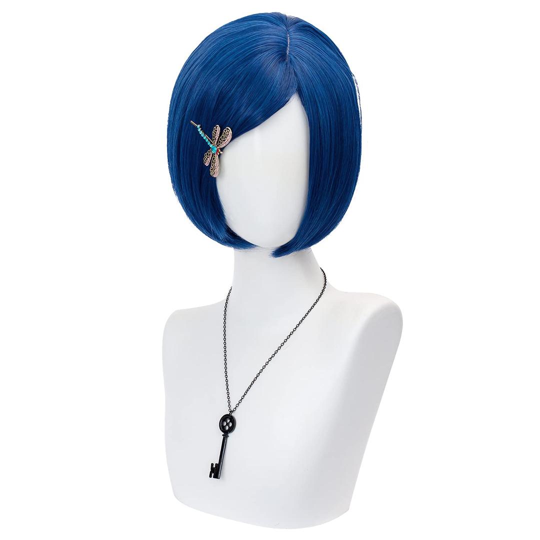 Dark Blue Bob Cosplay Wig for Women Short Straight Synthetic Wig with Key Necklace and Dragonfly Hairclip, Halloween Costume Party Cosplay Wig for Aldult (A-Dark blue)