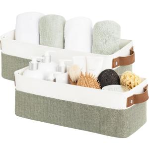 StorageWorks Narrow Storage Bins, Small Basket for Closet and Shelves, Fabric Organizer with Handles, Toilet Paper Storage, Green and White, 2-Pack (15"L x 6"W x 5"H)