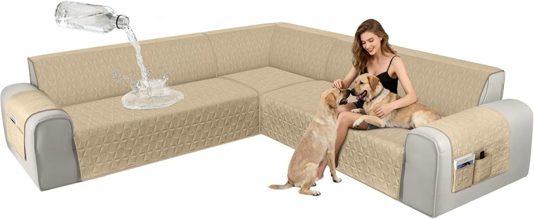 ALIECOM Corner Sectional Couch Covers Waterproof Washable L Shape Sofa Cover Protector Geometric Jacquard Sectional Slipcover Furniture Cover with Adjustable Strap for Pet Dog (XX-Large, Beige)