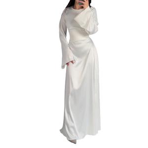xxxiticat Women's Slip Satin Long Dress Long Sleeve Round Neck Back Lace Up Bandage Tie Wedding Party Maxi Dresses(WH,2XL) White