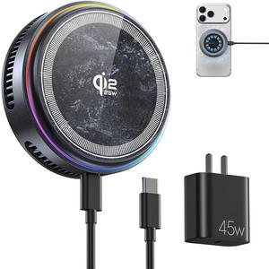Qi2.2 Wireless Charger25W Fast Charging+Cooling Fan Magnetic Charger Pad with 2 Modes,LED Light Phone Holder Fast Charging Compatible with iphone17/16/15/14/13/12 Series (with 45W Adapter)
