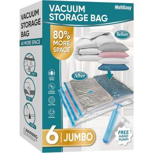 MattEasy Space Saver Vacuum Storage Bags, 6 Pack Jumbo Space Saver Bags with Pump, Storage Vacuum Sealed Bags for Clothes, Comforters, Blankets, Bedding (Jumbo)