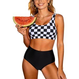 Adisputent Womens High Waisted Bikini Color Block Swimwear Bandeau Top Sports Style Scoop Crop Swimsuit 2 Piece Bathing Suits M