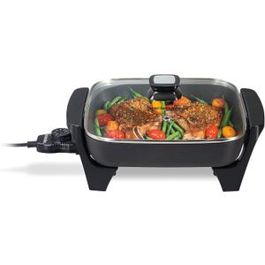 Proctor Silex Electric Skillet with Lid, 116 sq. in. Nonstick Cooking Surface for Frying, Sauteing, Simmering and Braising, Adjustable Temp 200 to 400 F, Black (38526PS)